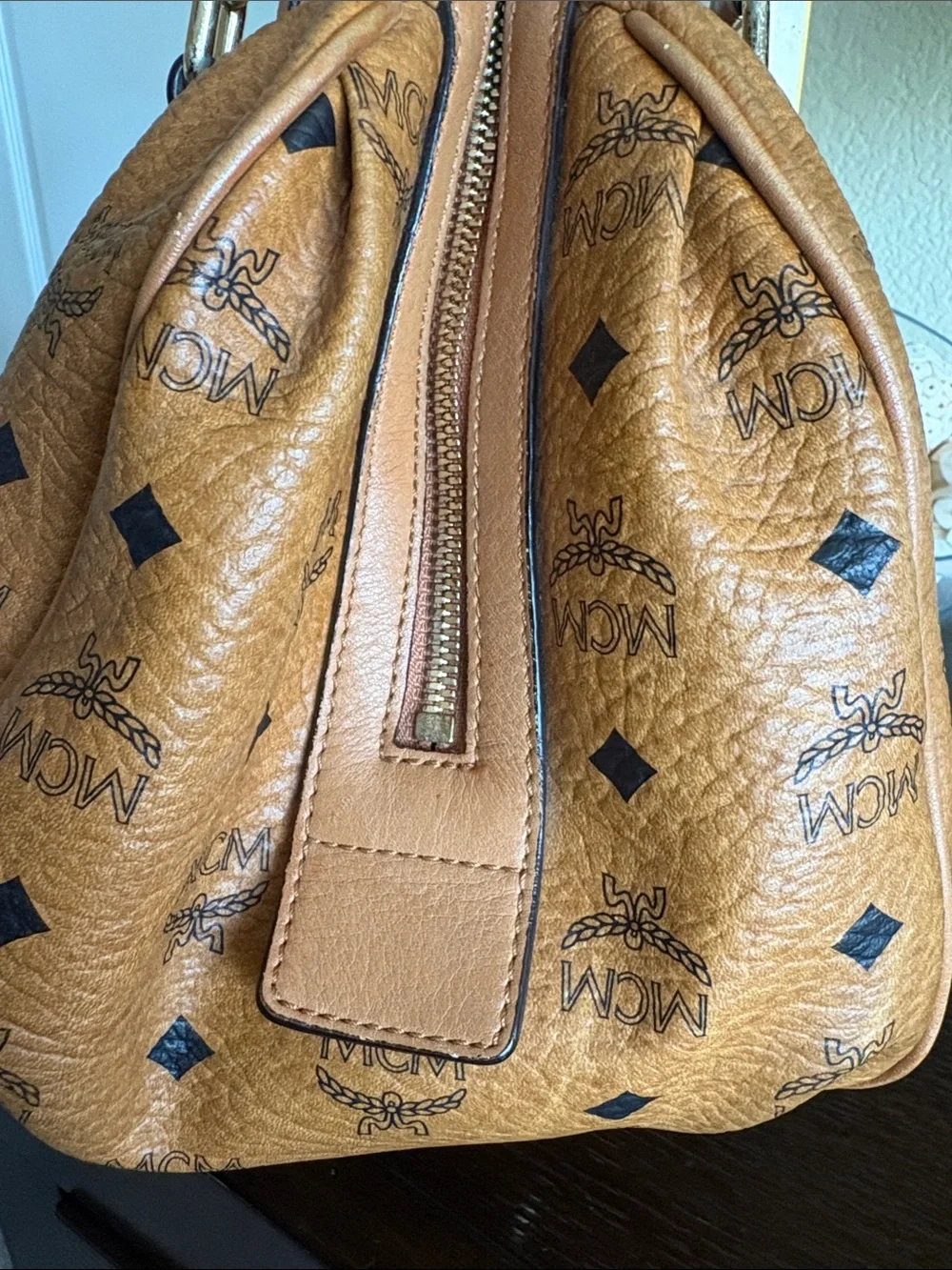 MCM Tan Cognac Logo Visetos Satchel with Gold Hardware